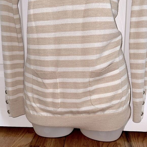 The Loft Ann Taylor Beige Tan White Striped Cardigan Shirt Top Blouse Small S - Picture 3 of 5